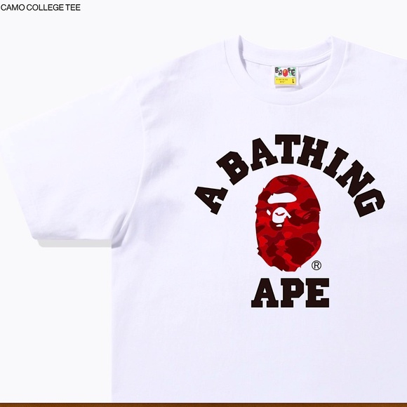 BAPE Tee - NEW A BATHING APE White & Red Camo College T-Shirt Unisex - Picture 1 of 12